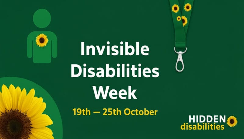 Graphic for Invisible Disabilities Week featuring a green background with white and yellow text. It reads “Invisible Disabilities Week, 19th – 25th October.” On the left is a simple green human figure with a sunflower symbol on the chest, and on the right is a green sunflower-patterned lanyard. A large sunflower appears in the bottom left corner, and the “Hidden Disabilities” logo with a sunflower replaces the “o” in “Hidden” at the bottom right.