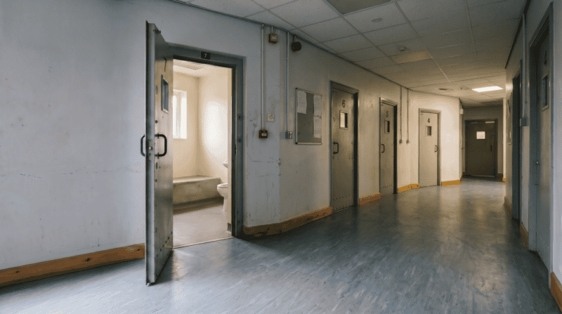 Empty UK police custody corridor with a row of heavy metal cell doors numbered 4 to 7, one door open to reveal a sparse cell interior.