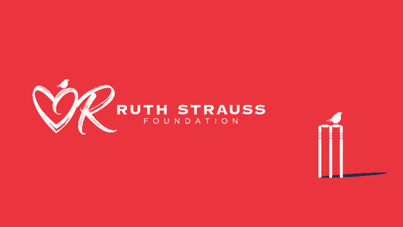 White logo on red background: a brush-stroke heart and stylised R with a small bird perched on top, beside the text "Ruth Strauss Foundation". A cricket wicket with a bird sits in the lower right corner.