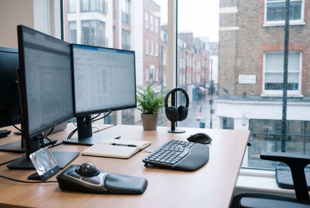 A modern UK office workstation with dual monitors, an ergonomic keyboard and assistive equipment beside a window.