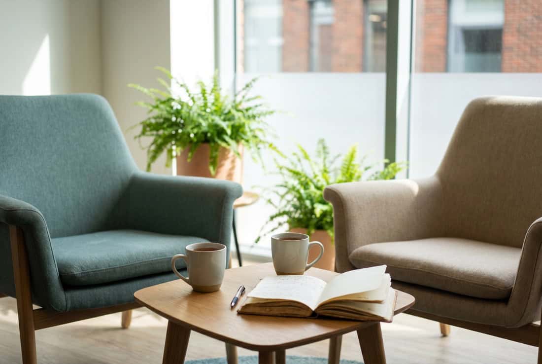 A calm one-to-one coaching corner with two armchairs and an open notebook.