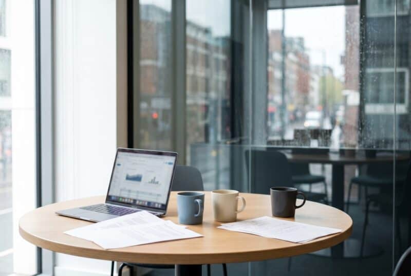 A bright meeting table set for a three-way conversation with a laptop and notes.