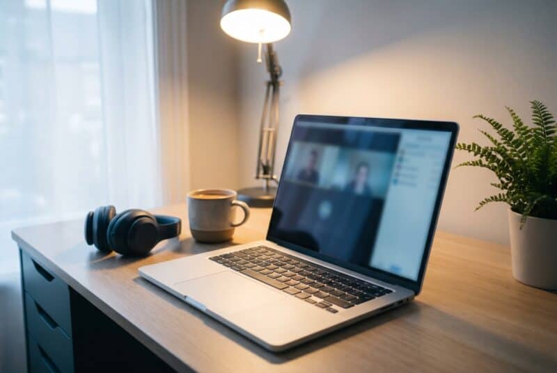A home-office desk set up for a one-to-one online session, with a laptop and headphones.