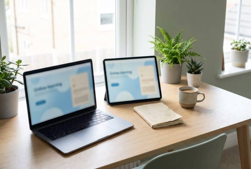 A tidy desk with a laptop and tablet showing an online-learning screen.