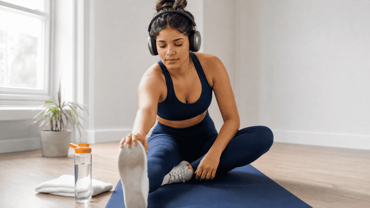 Woman with noise-cancelling headphones stretching on a navy yoga mat during a calm home workout, with a water bottle and towel nearby in a bright, uncluttered room.