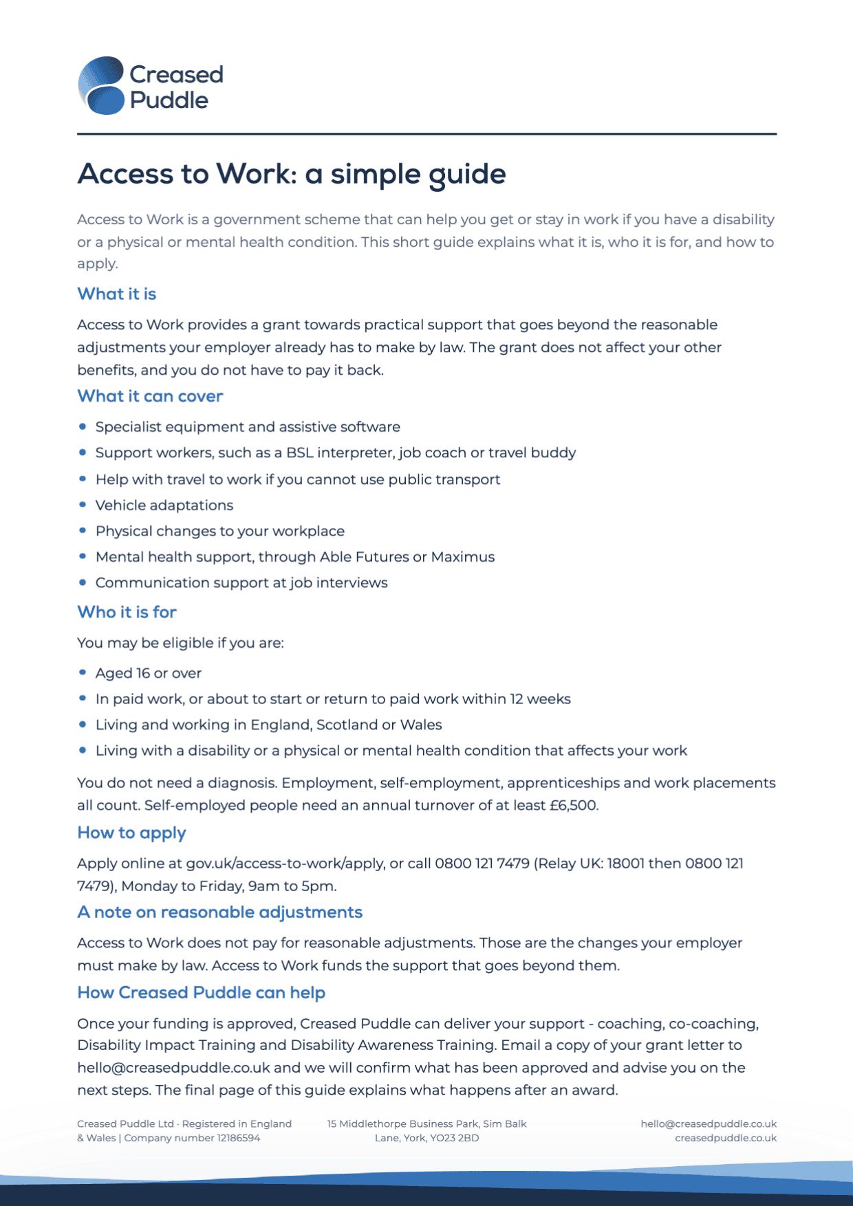 Front page of Creased Puddle's free guide, Access to Work: a simple guide